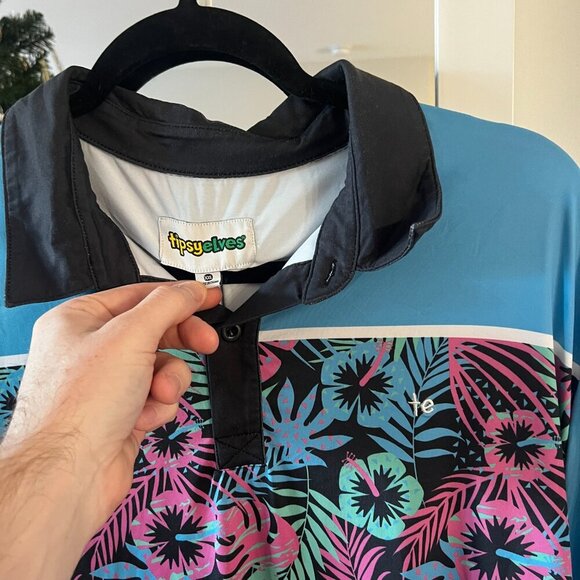 58 Tipsy Elves Short Sleeve Floral Polo Size XXL Color Blue Grey - Picture 2 of 4